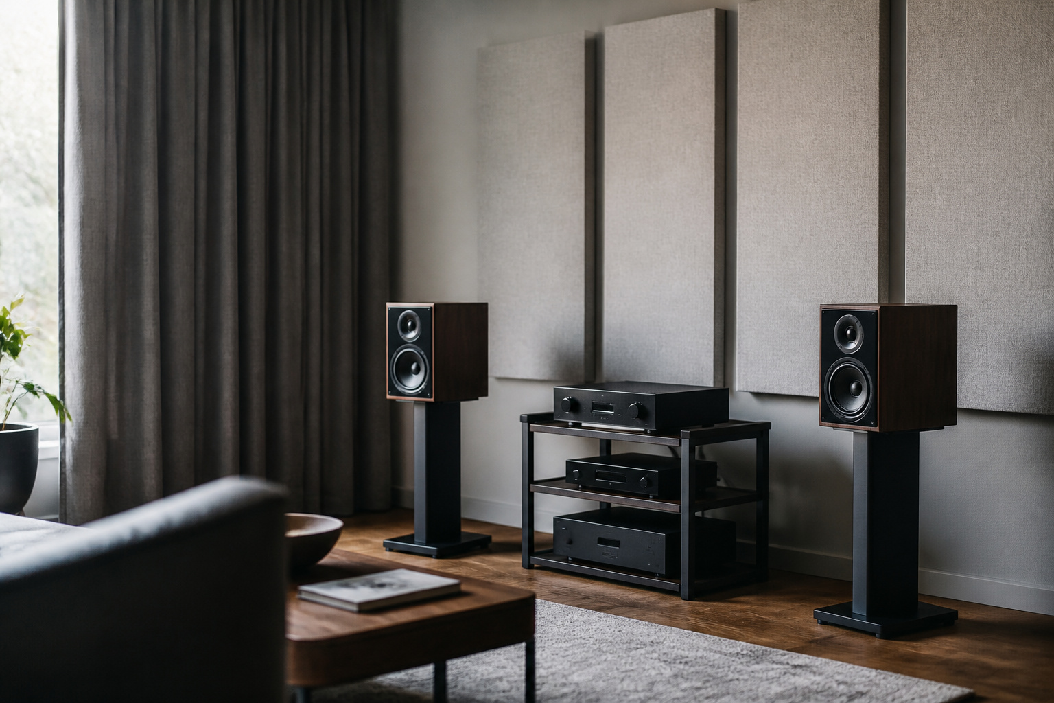 Acoustic panels and curtain in a listening room
