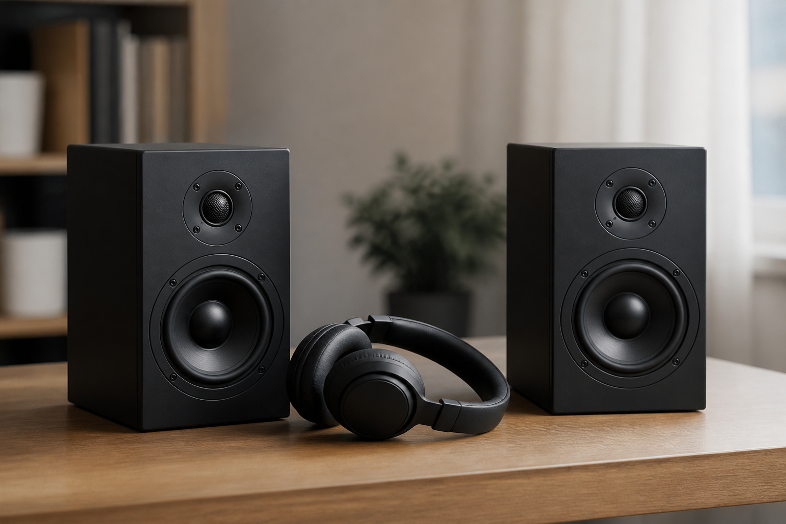 Bookshelf speakers and over-ear headphones in a neutral room