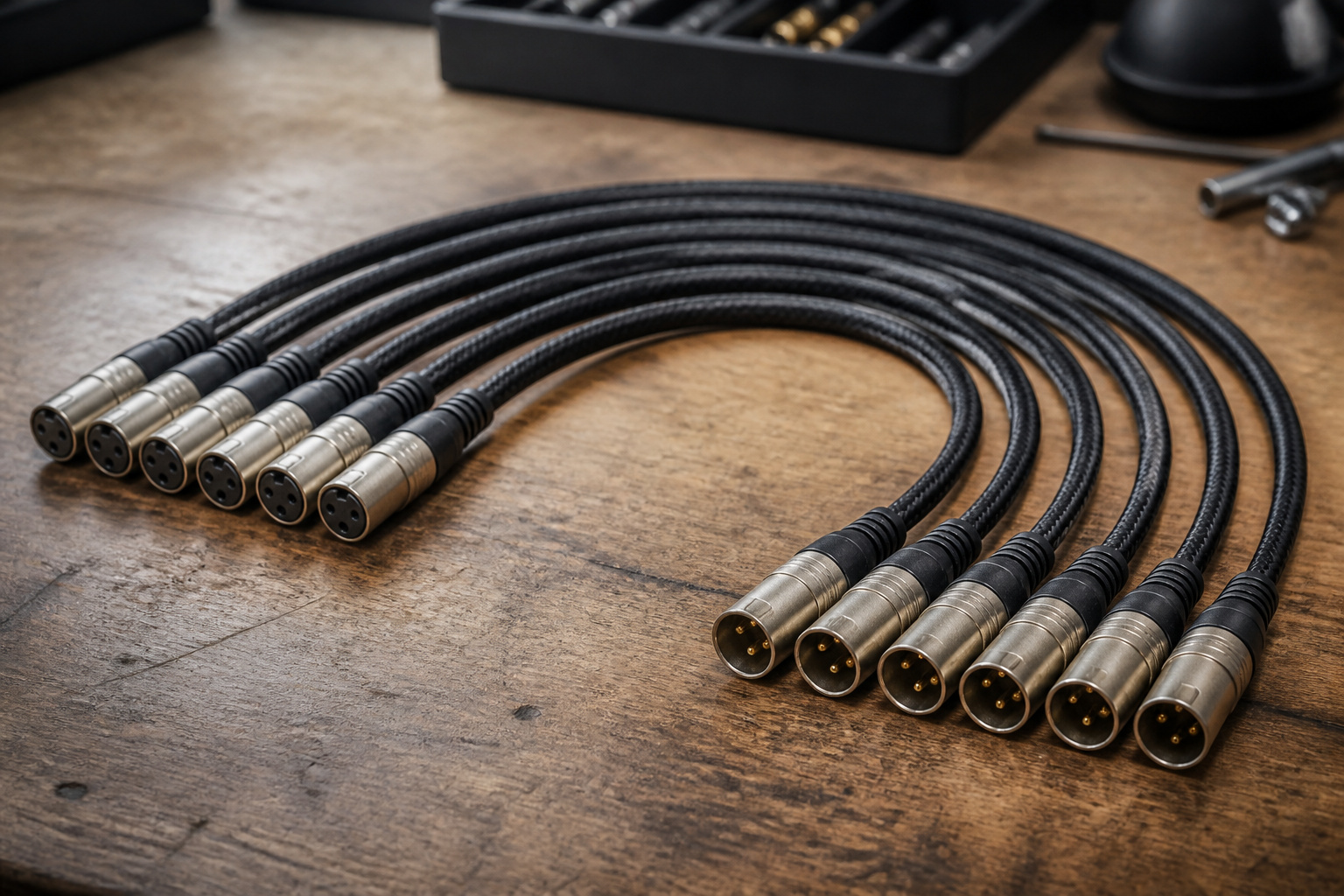 Shielded audio cables laid out on a workbench