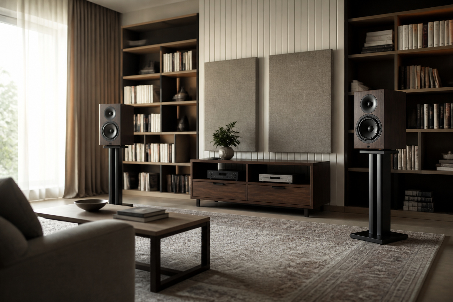 Living room with soft furnishings and speakers