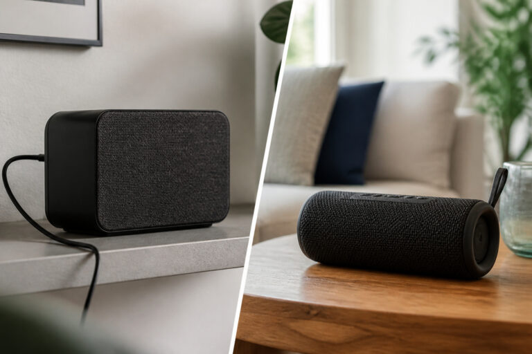 Wired speaker and wireless portable speaker side by side