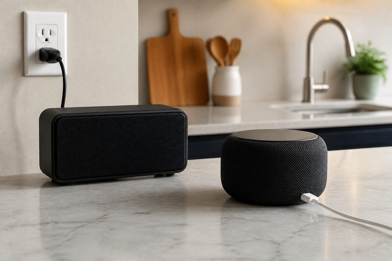 Wireless speaker charging beside a wired speaker