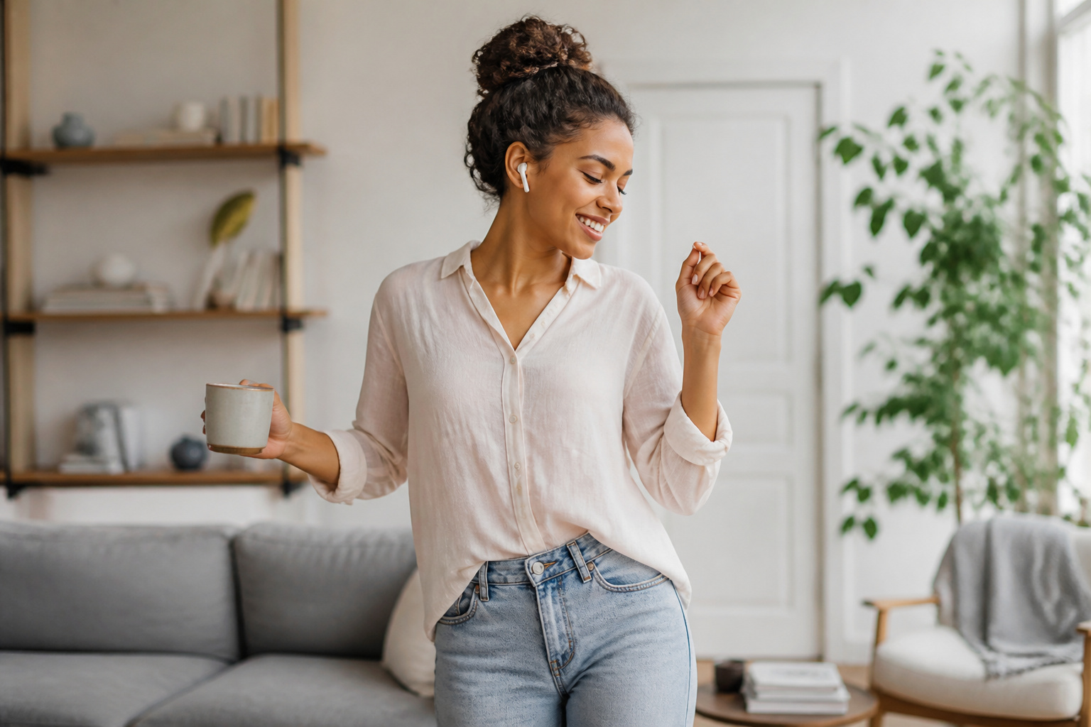 Person moving freely with wireless earbuds