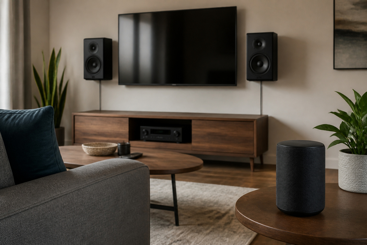 Wired and wireless speakers in a living room