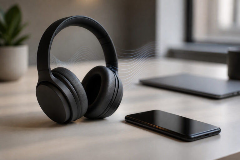 Wireless headphones and smartphone connected by light trails