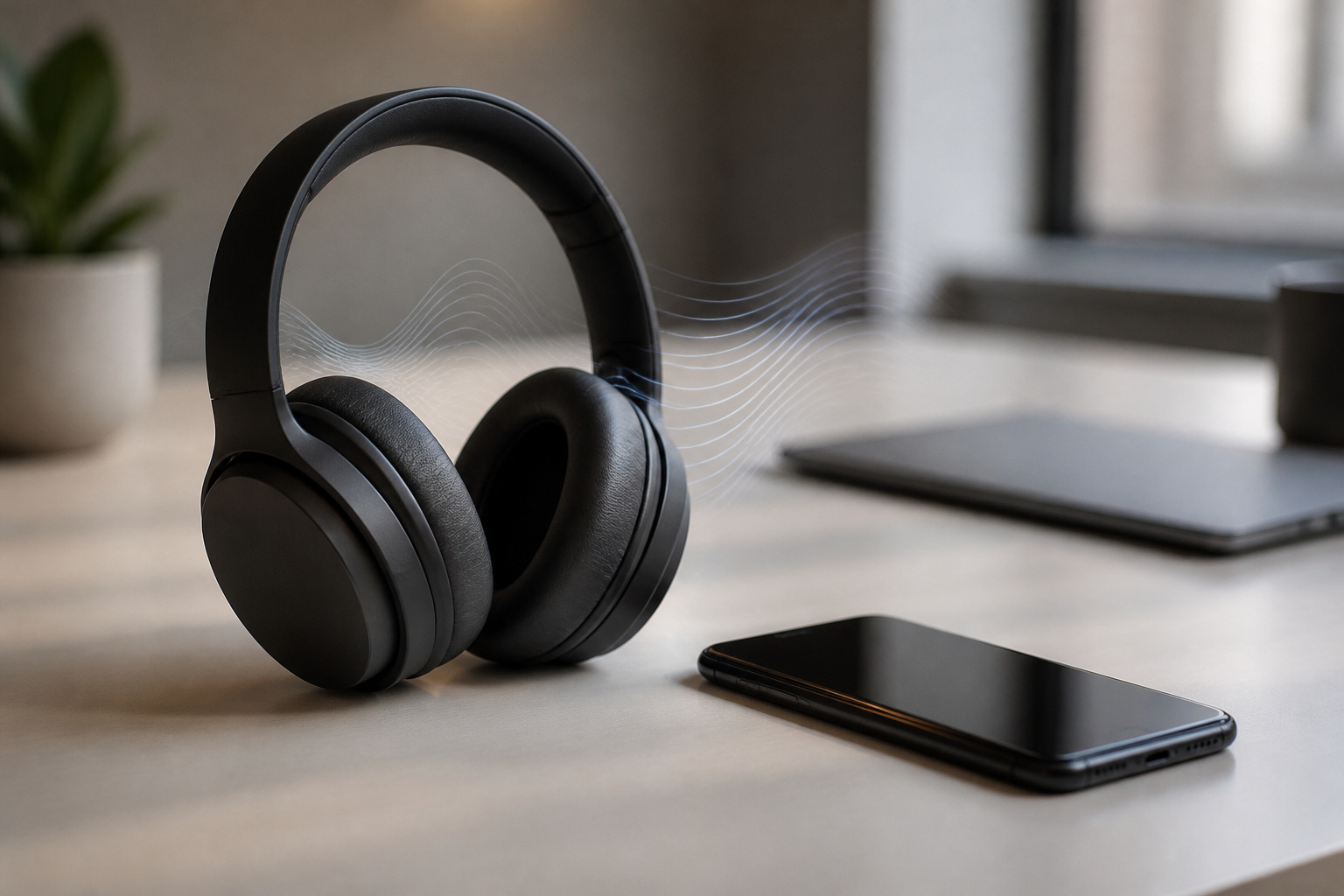 Wireless headphones and smartphone connected by light trails