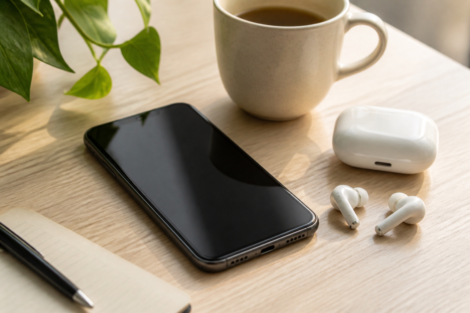 Smartphone and earbuds on a wooden desk