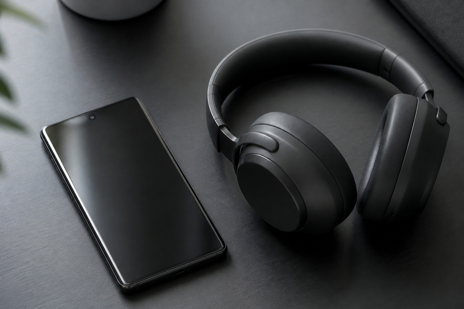 Smartphone beside wireless over-ear headphones