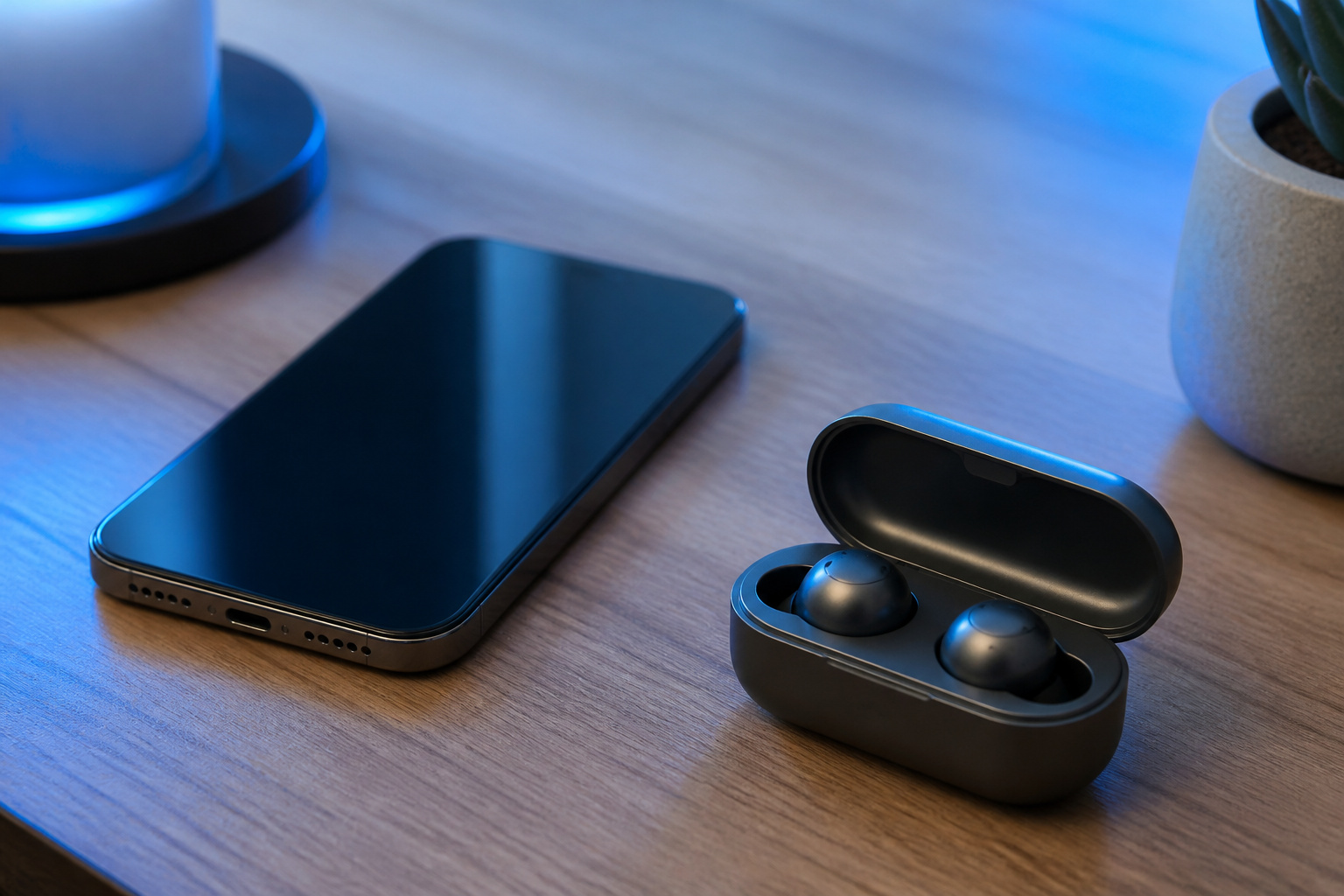 Smartphone and wireless earbuds on a table