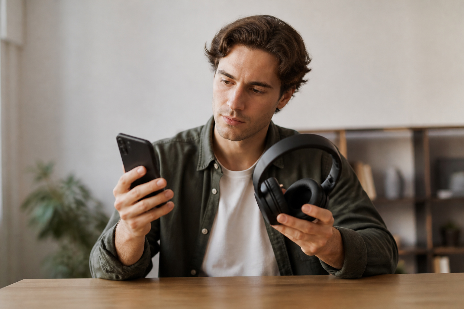 Person comparing a phone and wireless headphones