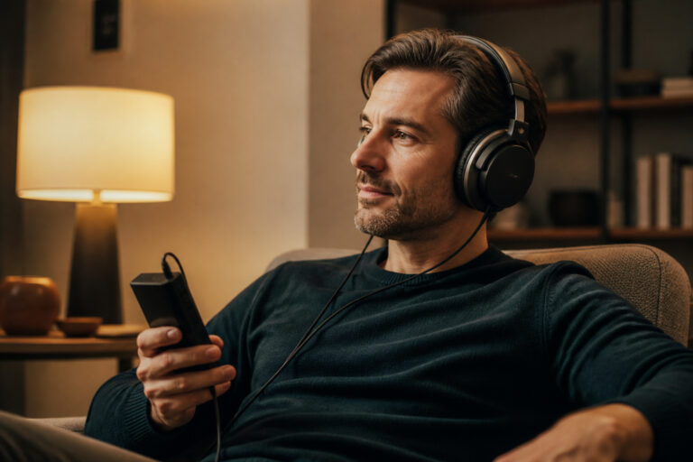Listener with high-quality headphones and a music player