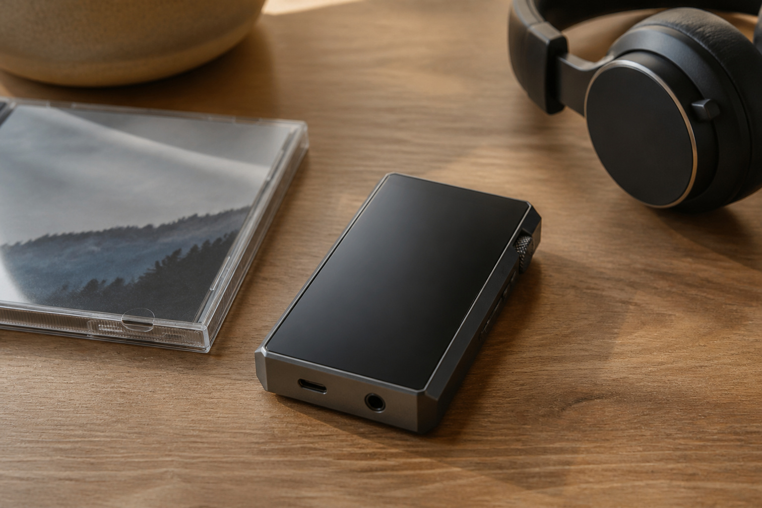Portable music player beside a CD case and headphones