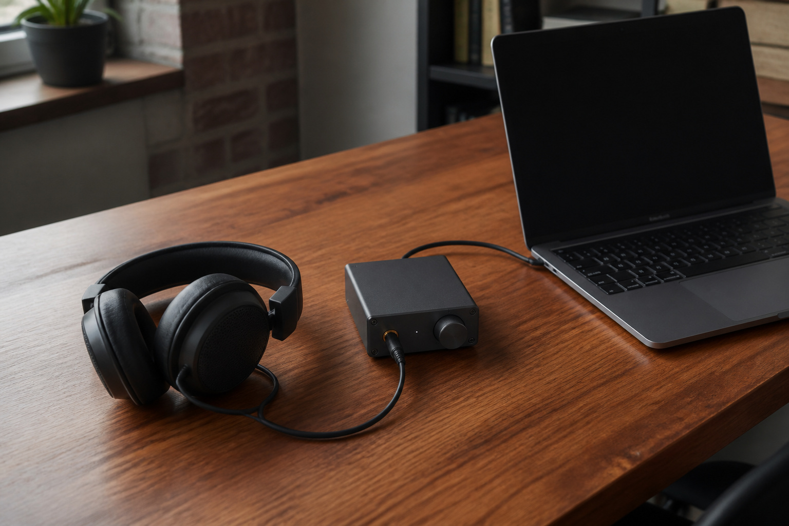 Headphones, a small DAC, and a laptop on a desk