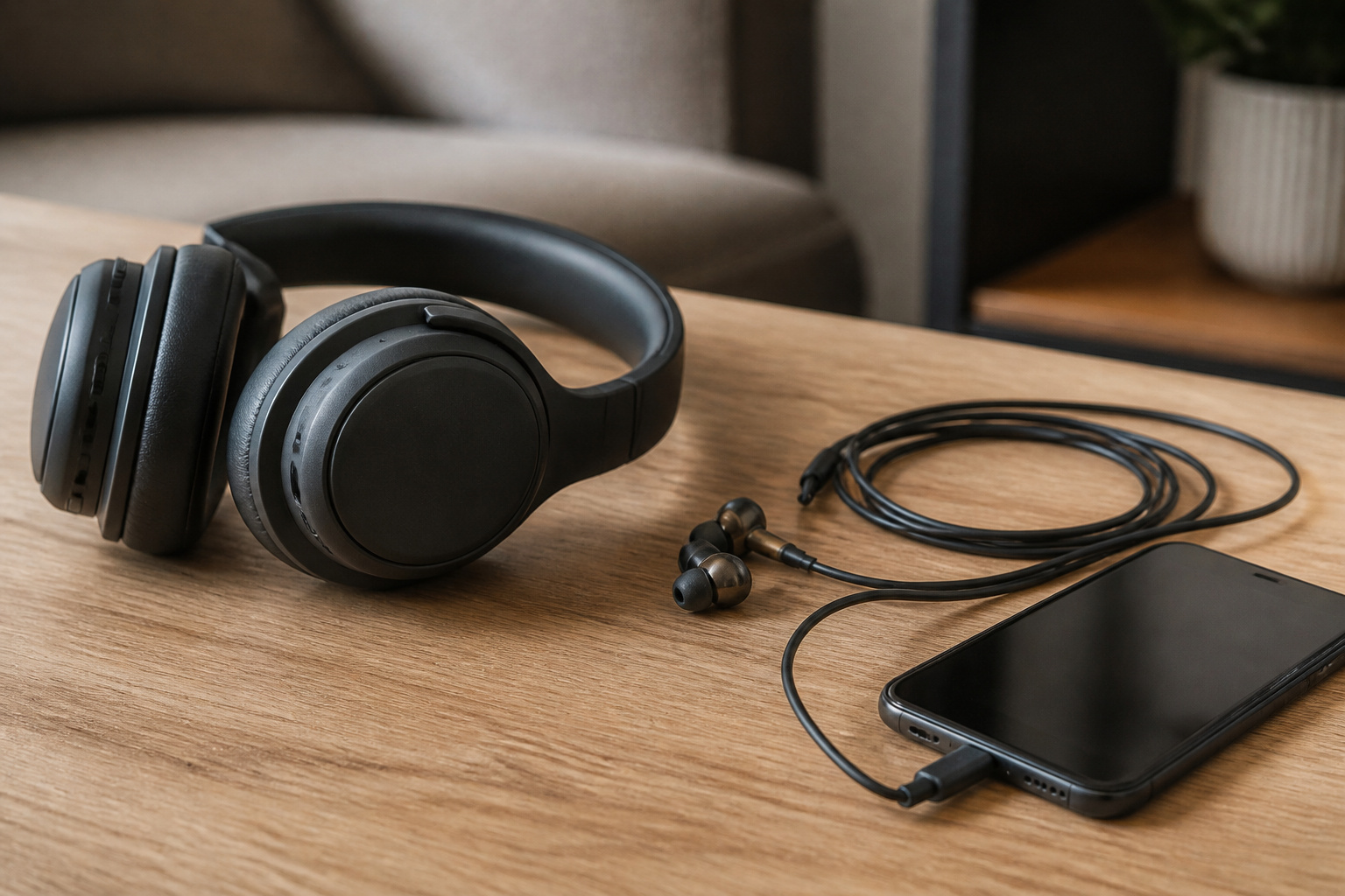 Wireless headphones beside a wired cable and phone