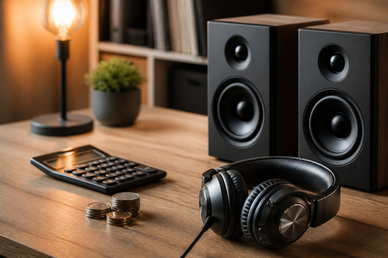 Speakers and headphones beside coins and a calculator