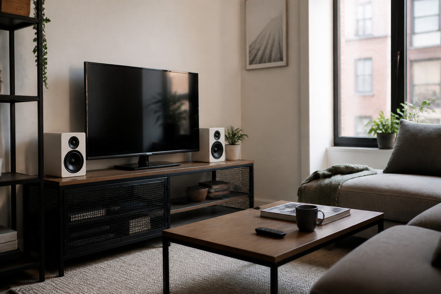Compact speakers in a small apartment living room