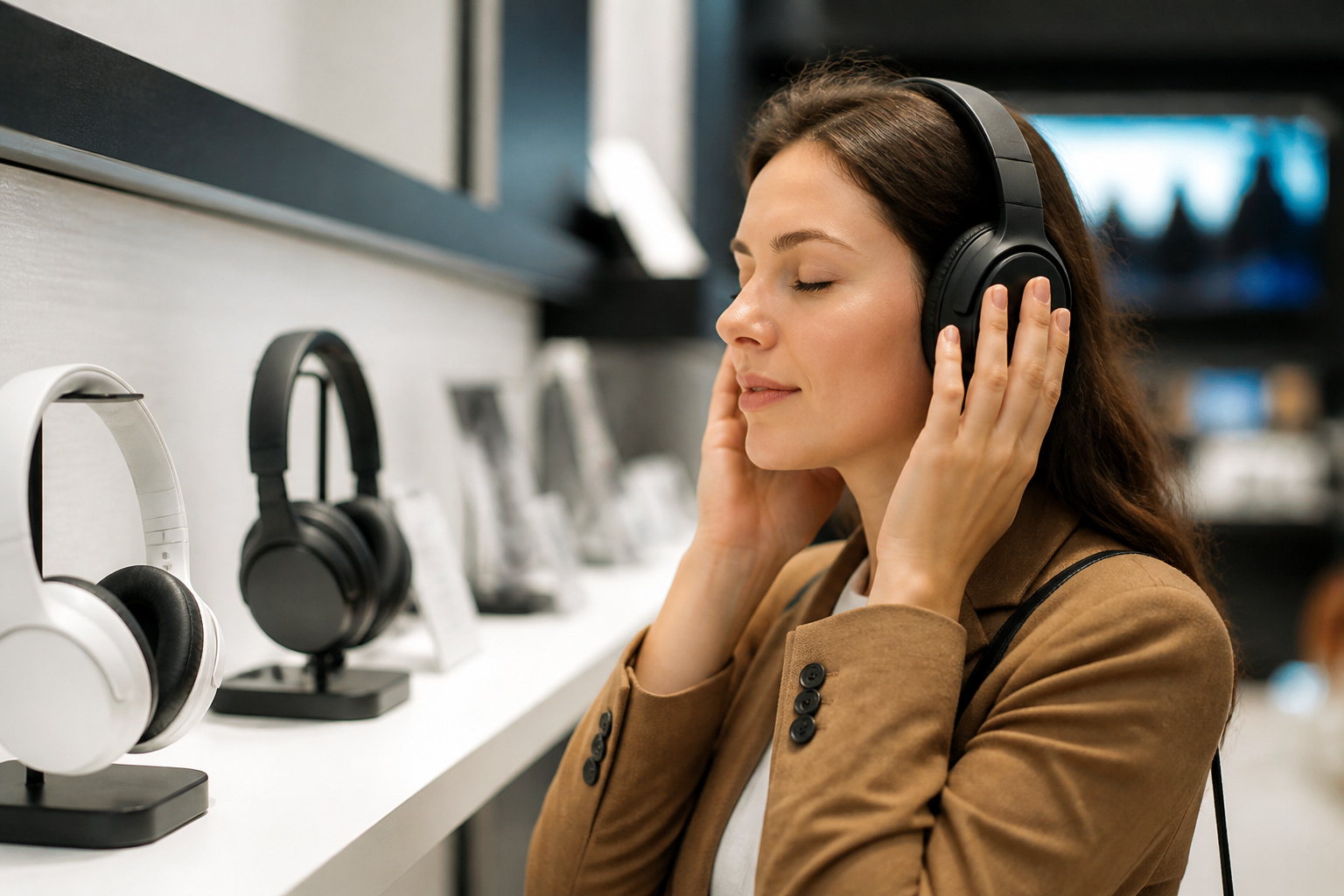 Person trying headphones at a store