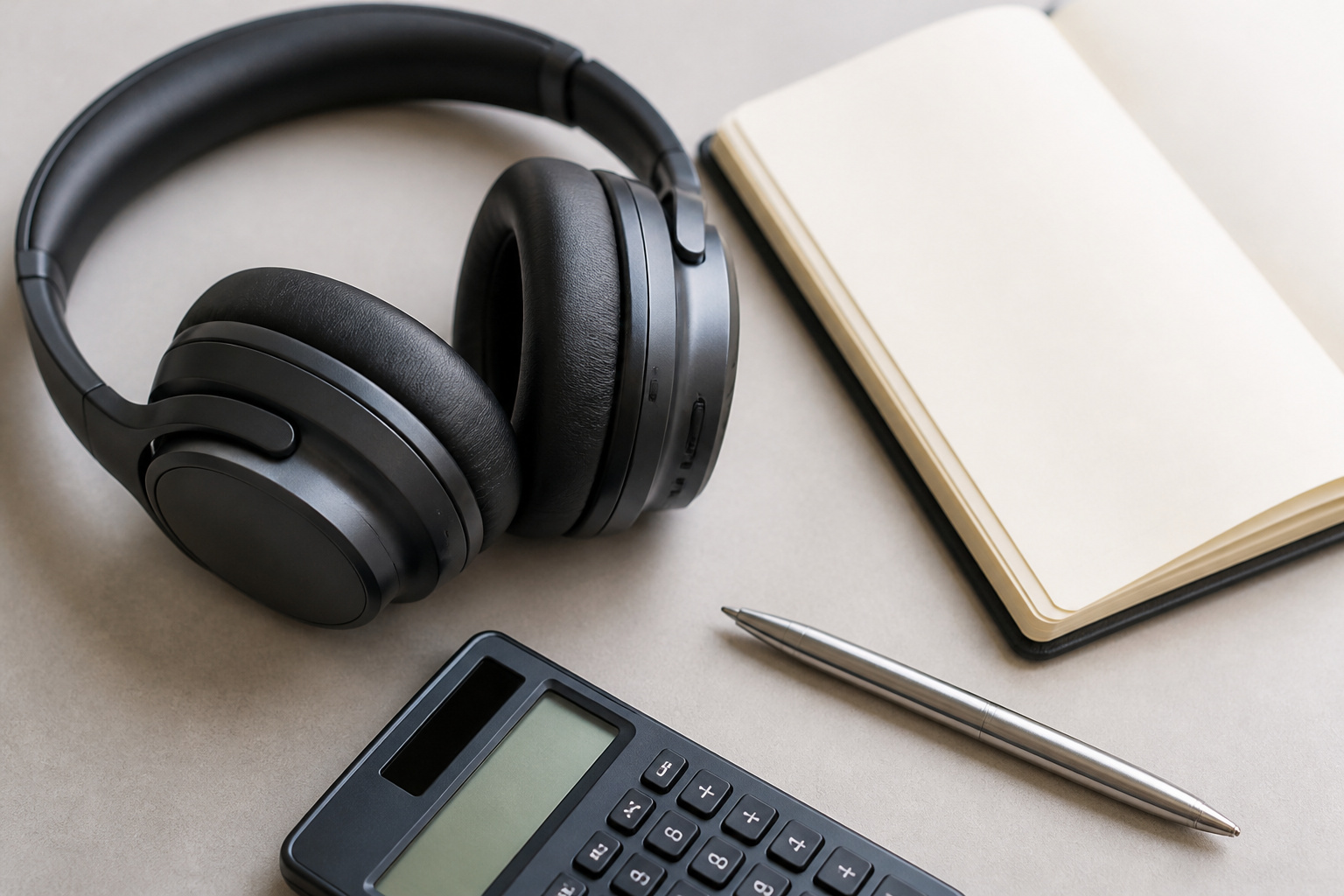 Headphones with a notebook and calculator on a desk