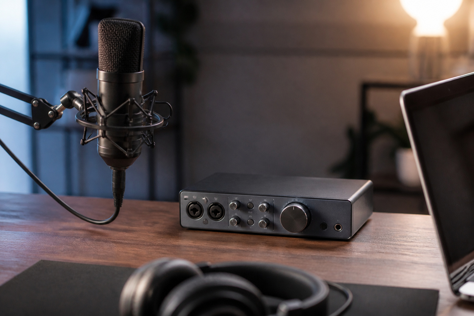 Audio interface and microphone on a studio desk