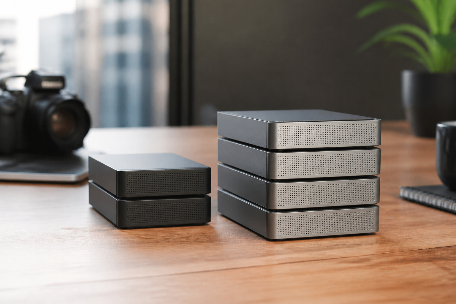 Small and large storage drives on a desk