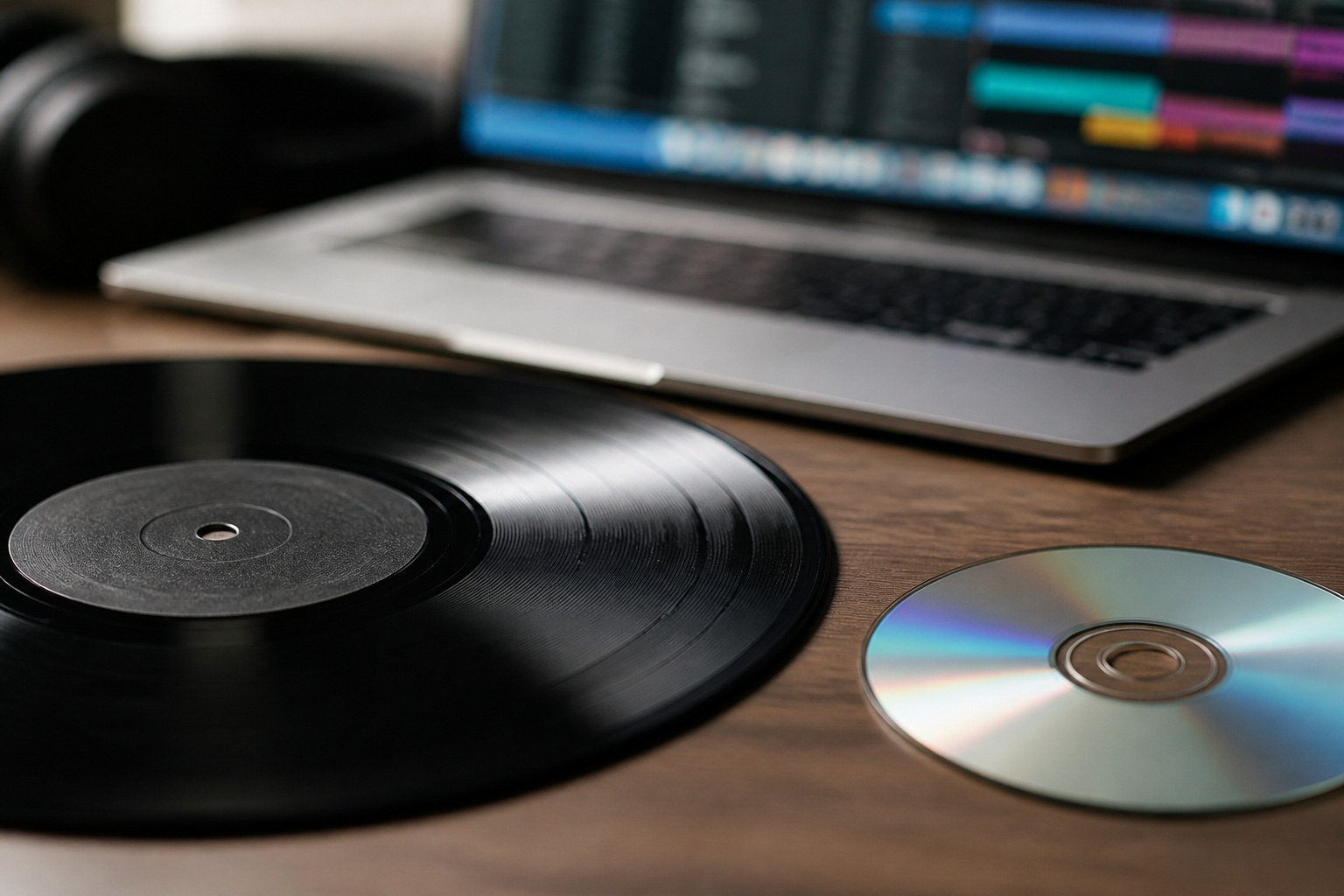 Vinyl record, CD, and laptop representing audio formats