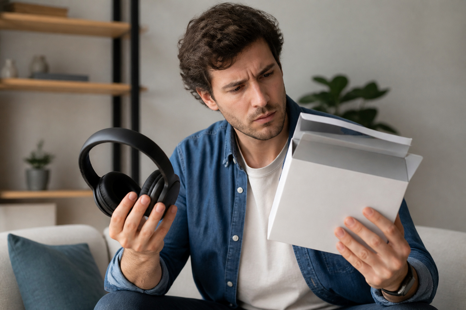 Person comparing product specs on a headphone box