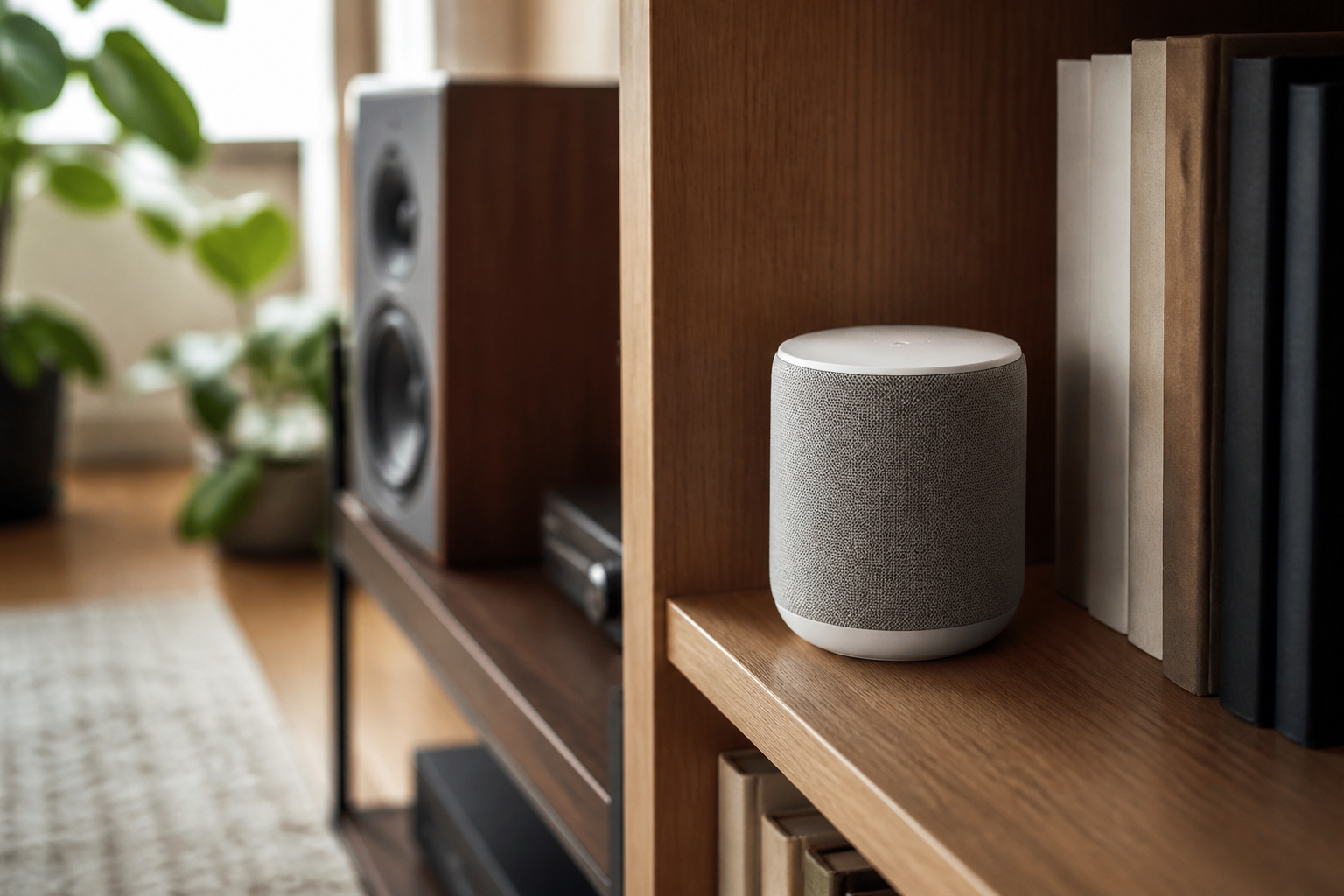 Smart speaker beside a larger speaker system