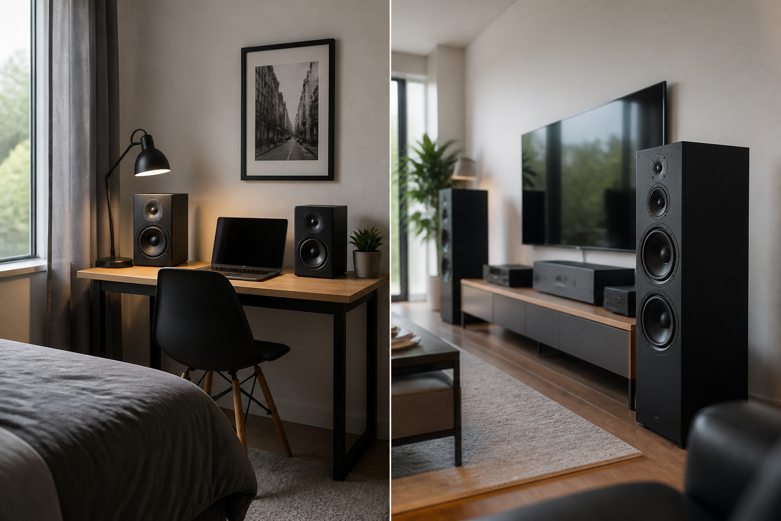 Compact speakers in a small room and tower speakers in a large room