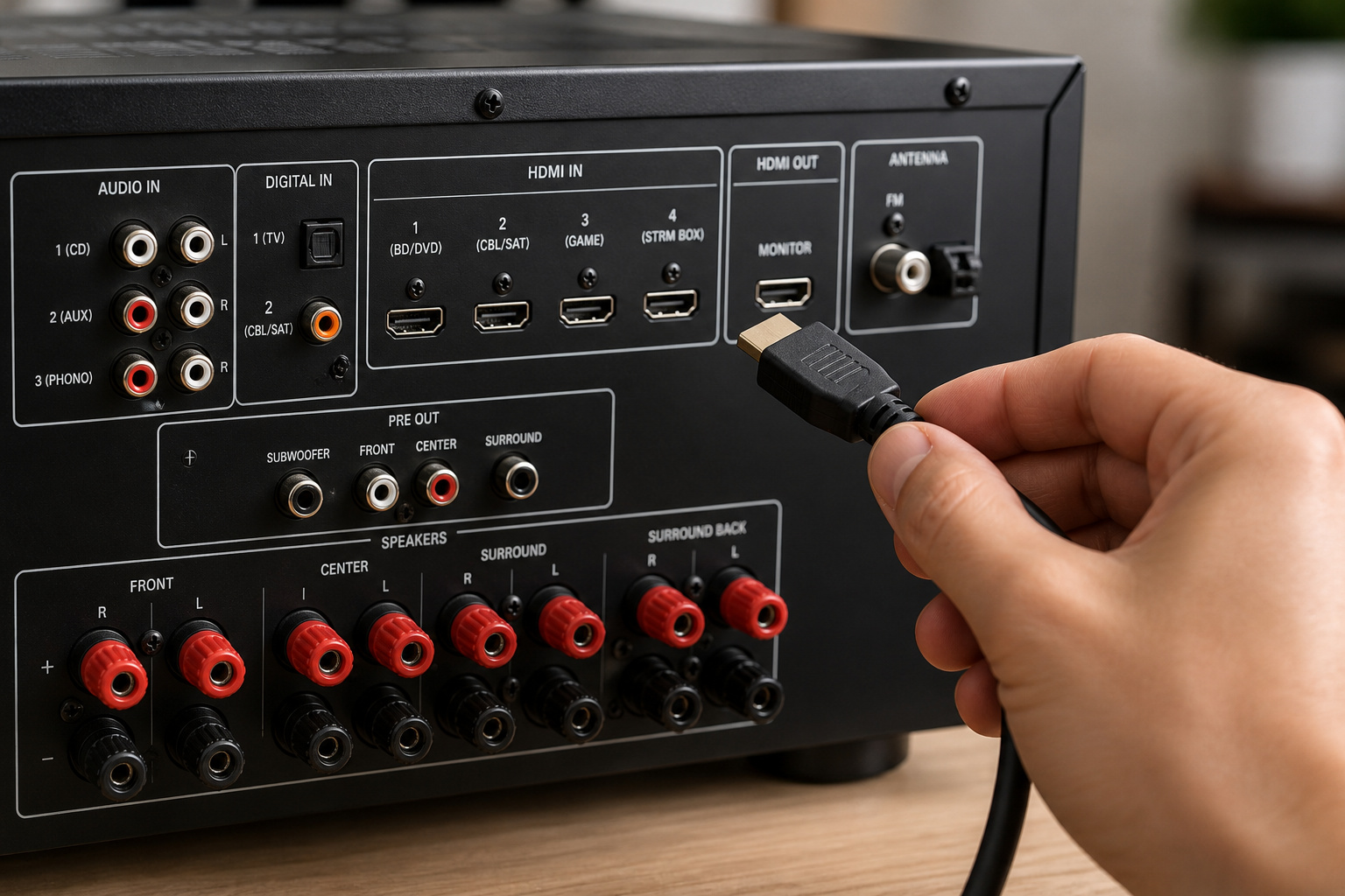 Back of an AV receiver with a hand holding an HDMI cable