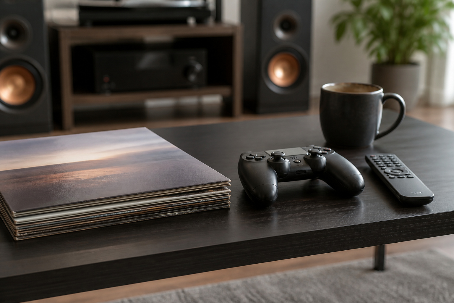 Records, game controller, and remote on a coffee table