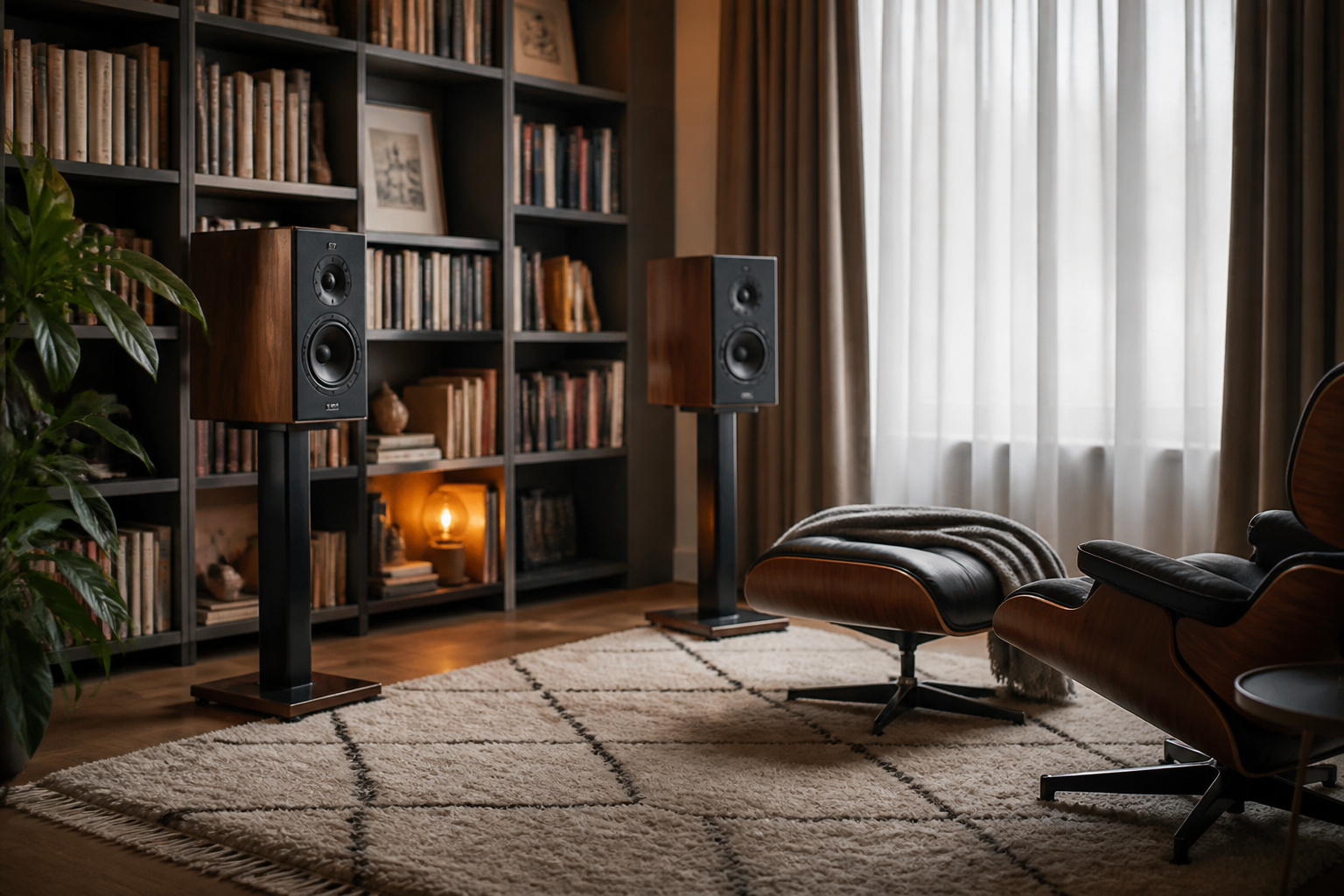Cozy listening nook with rug, curtains, and bookshelf