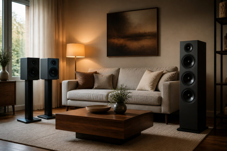 Bookshelf speakers and a floor-standing speaker in a living room