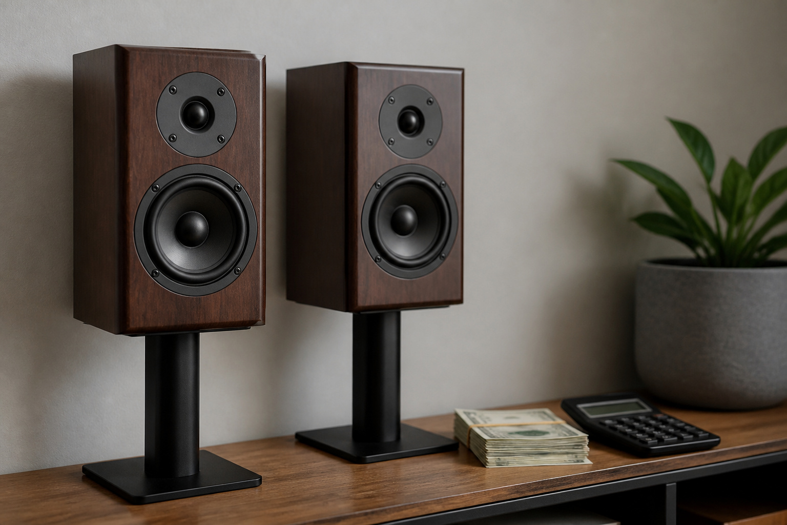 Bookshelf speakers on stands beside cash and a calculator