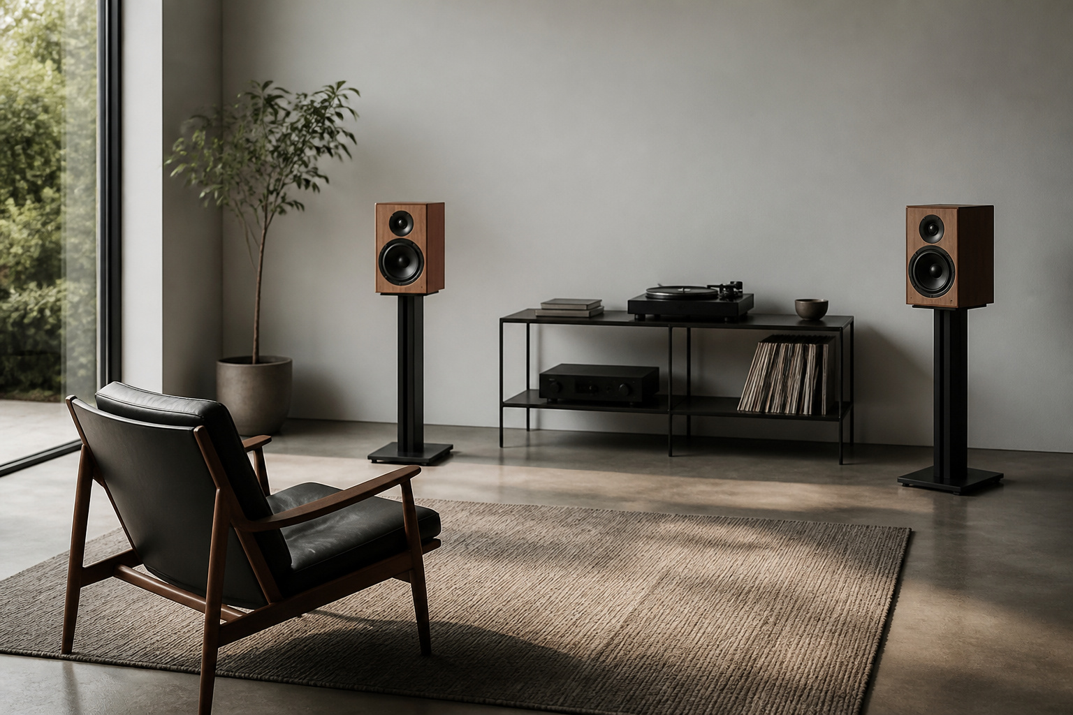 Bookshelf speakers on stands with a listening chair in a triangle
