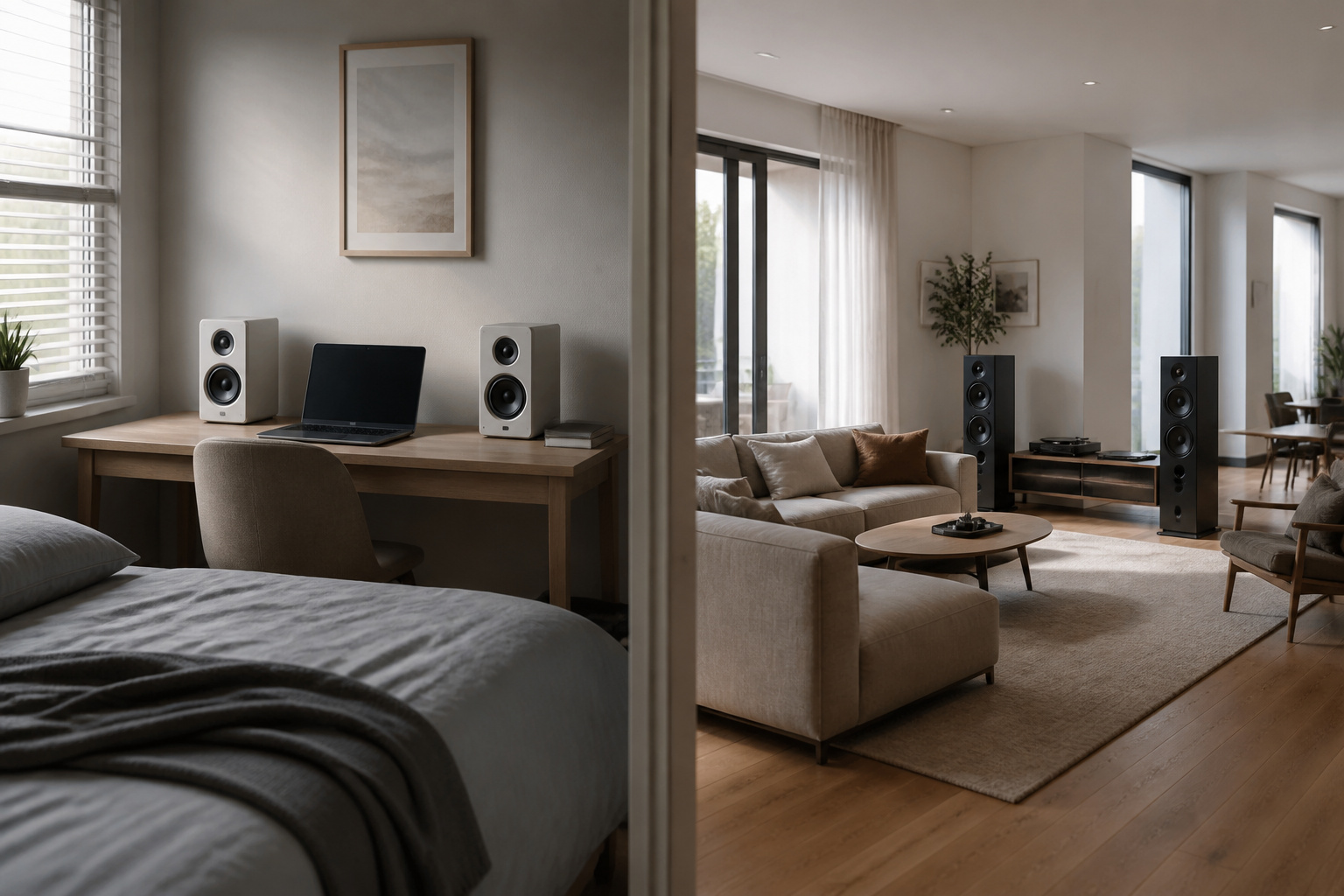 Compact speakers in a small room and larger speakers in a big room