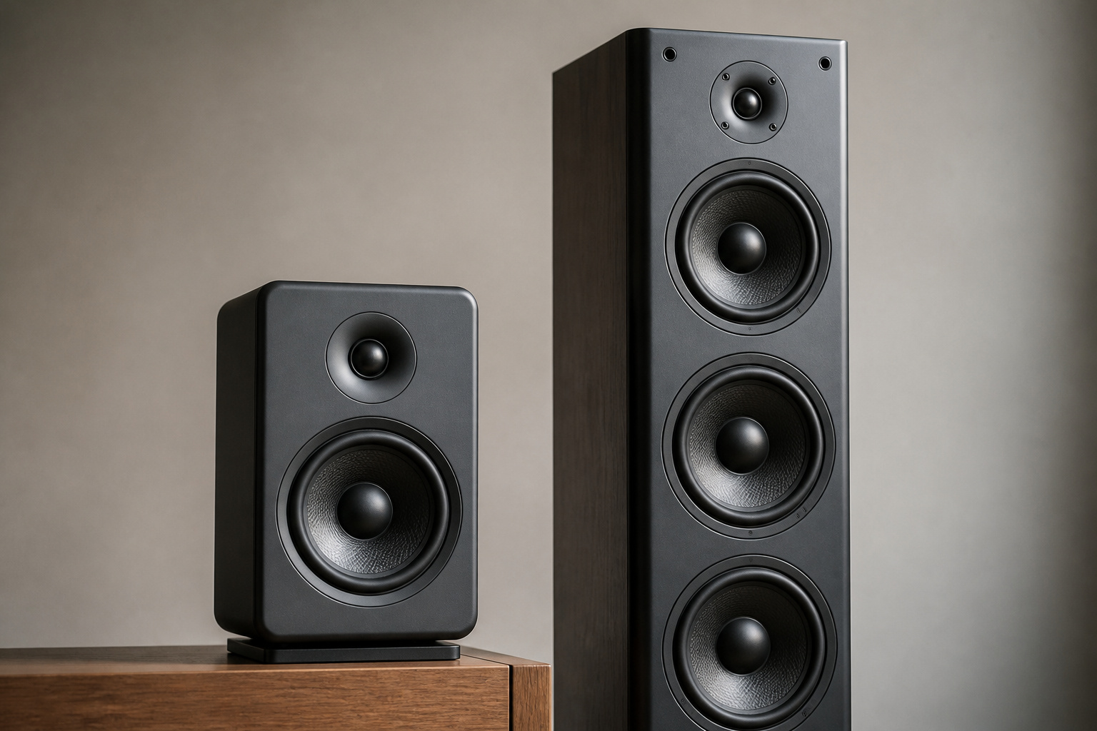 Compact and floor-standing speakers side by side