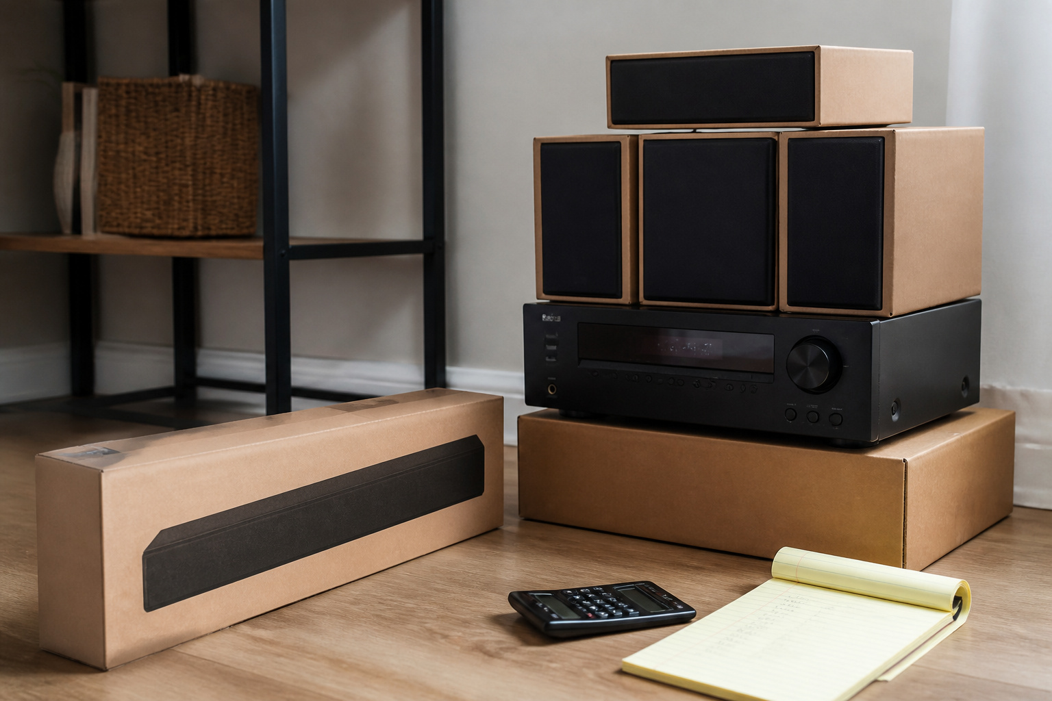 Soundbar and speaker system boxes with a calculator