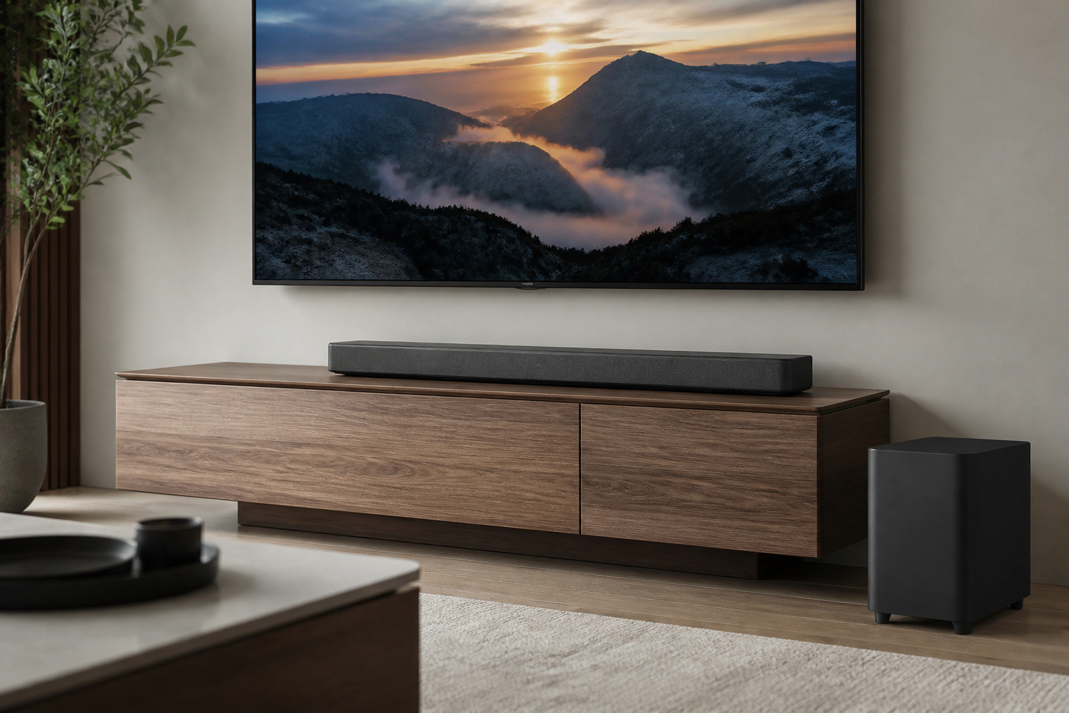 Soundbar under a TV with a wireless subwoofer
