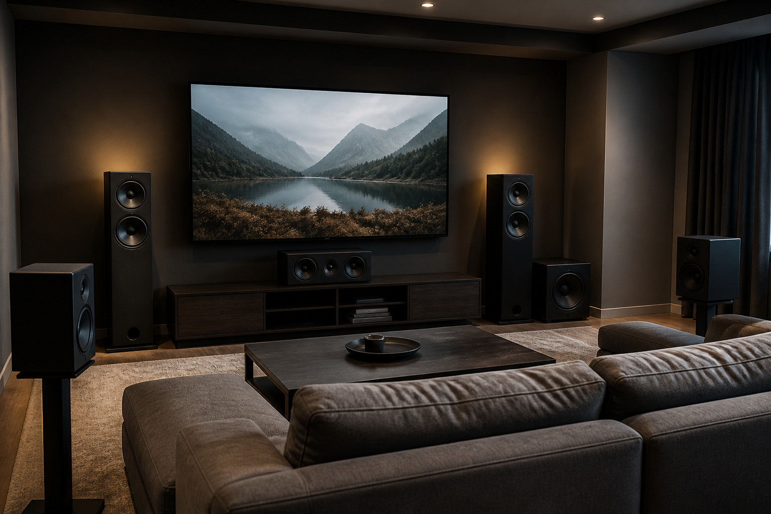 Home theater room with surround speakers and subwoofer