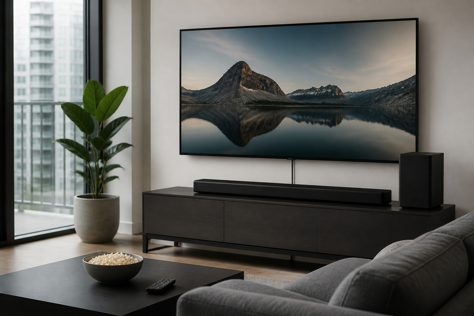 Soundbar setup in a tidy apartment living room