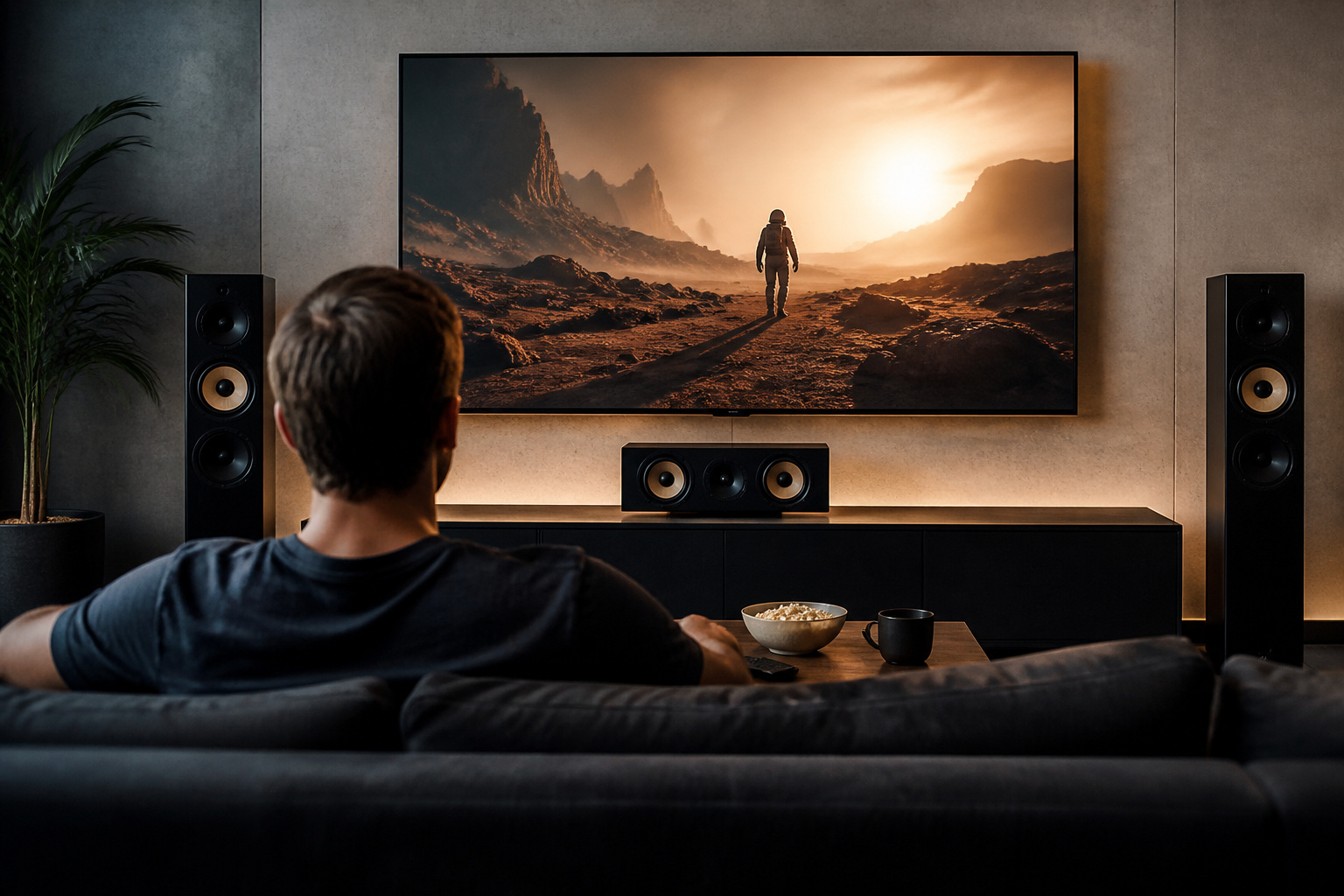 Person watching a movie with a surround speaker setup