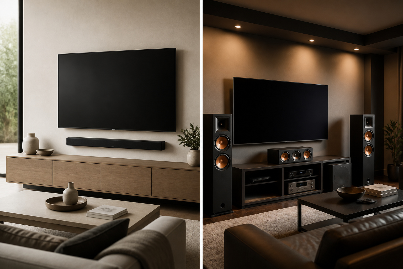 Minimalist soundbar setup compared with a home theater