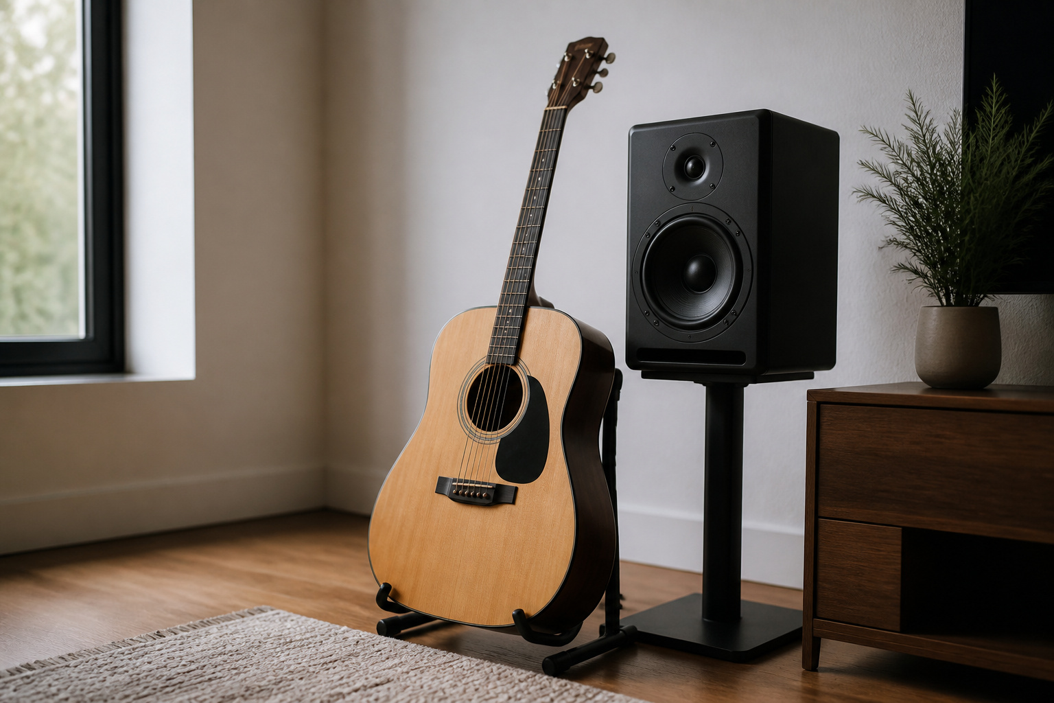 Acoustic guitar next to a speaker
