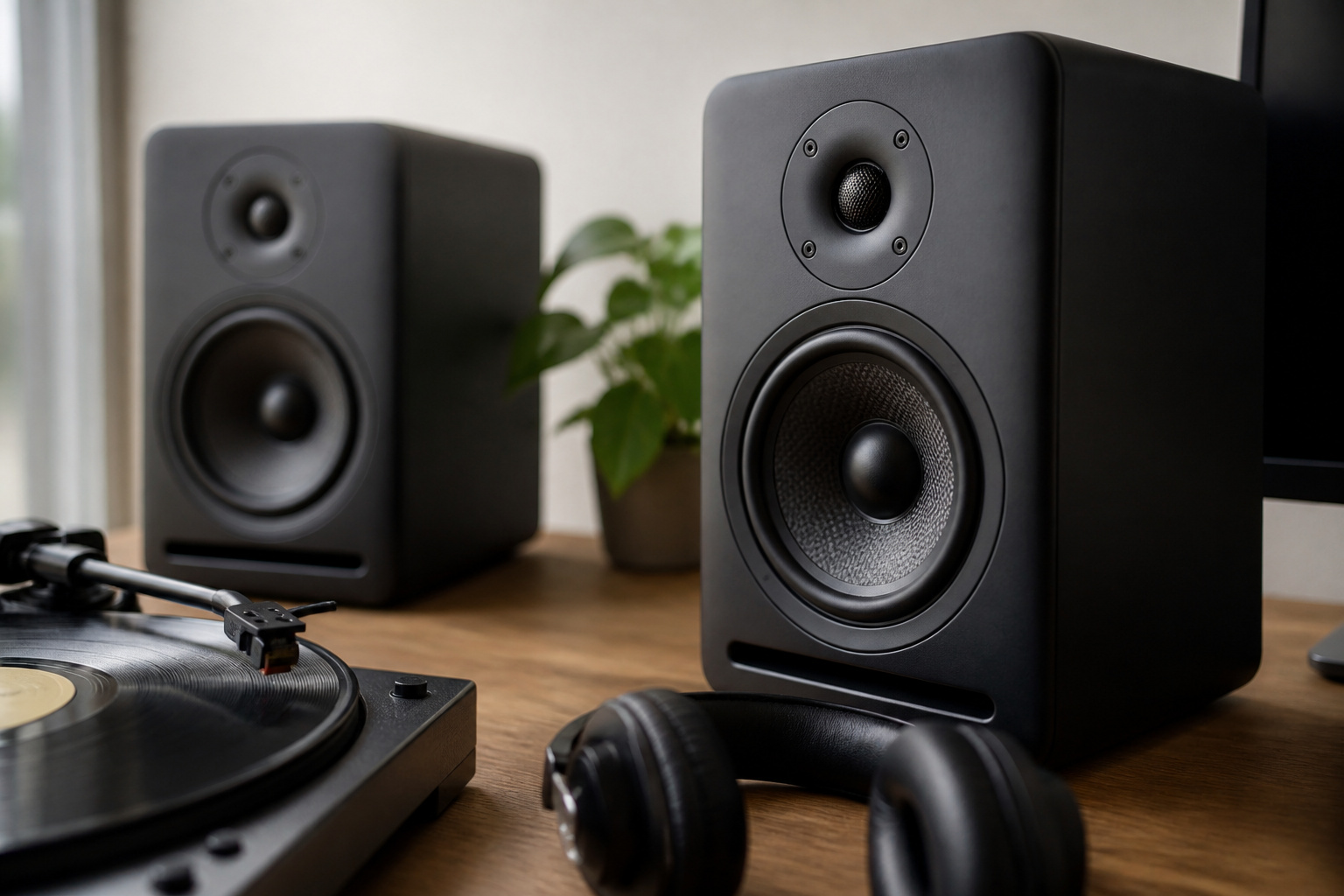 Studio monitors with vinyl record and headphones