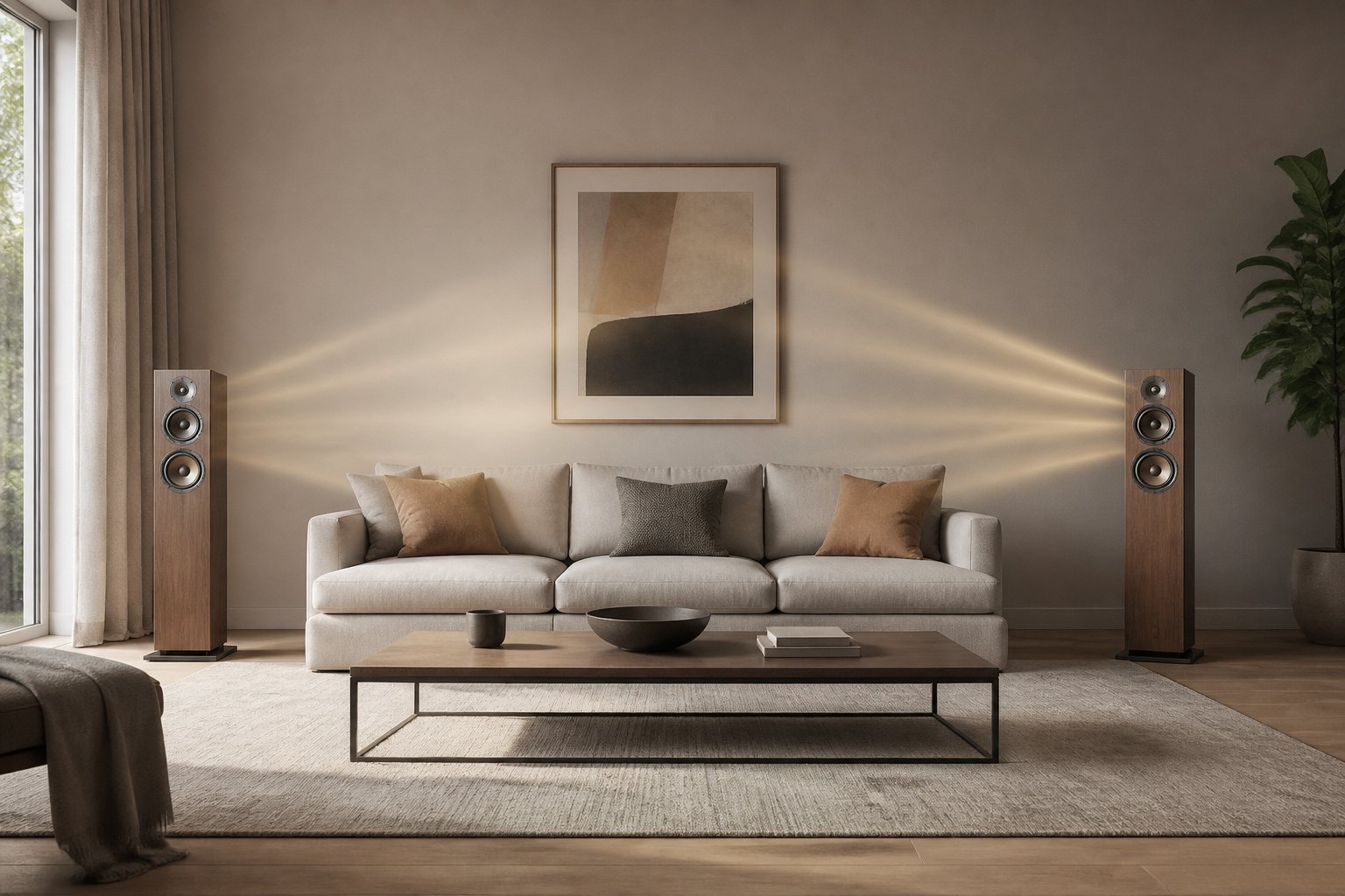Living room with speakers covering the whole room
