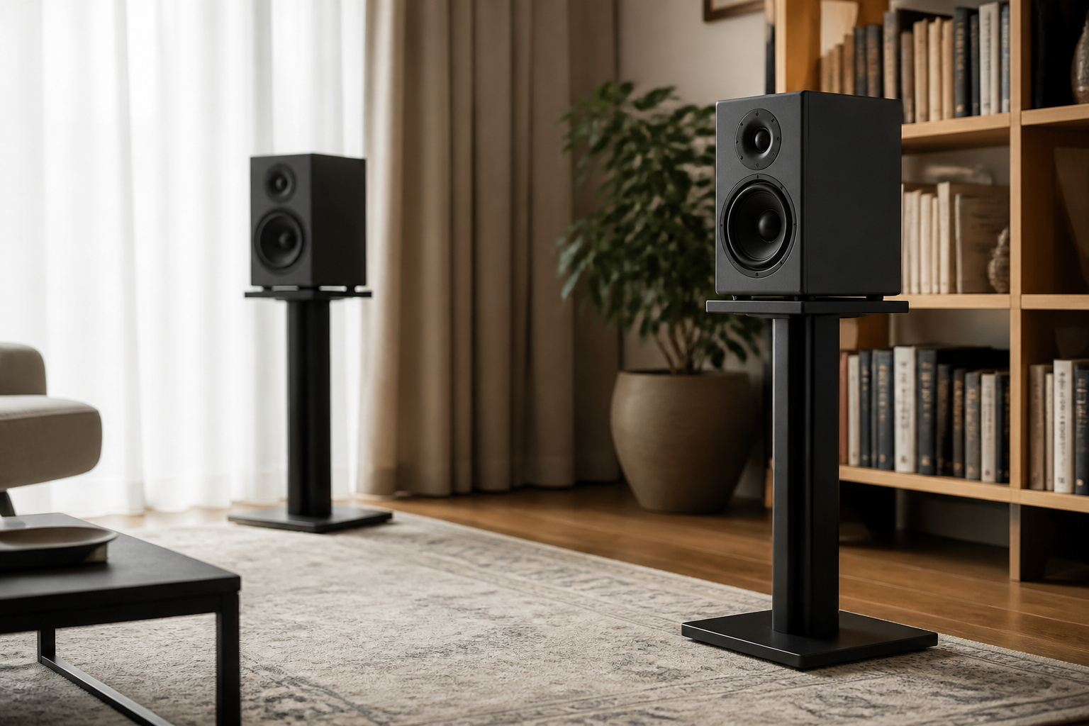 Speakers in a room with rug, curtains, and bookshelves