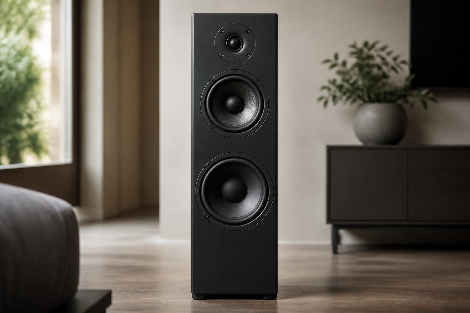 Floor-standing speaker with tweeter, midrange, and woofer