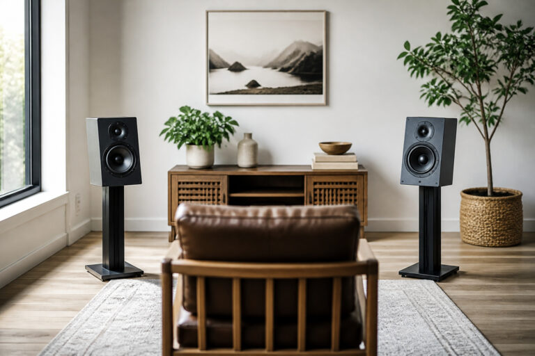 Speakers on stands angled toward a listening chair