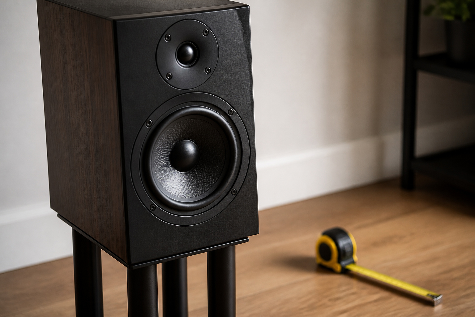 Speaker angled inward with a tape measure
