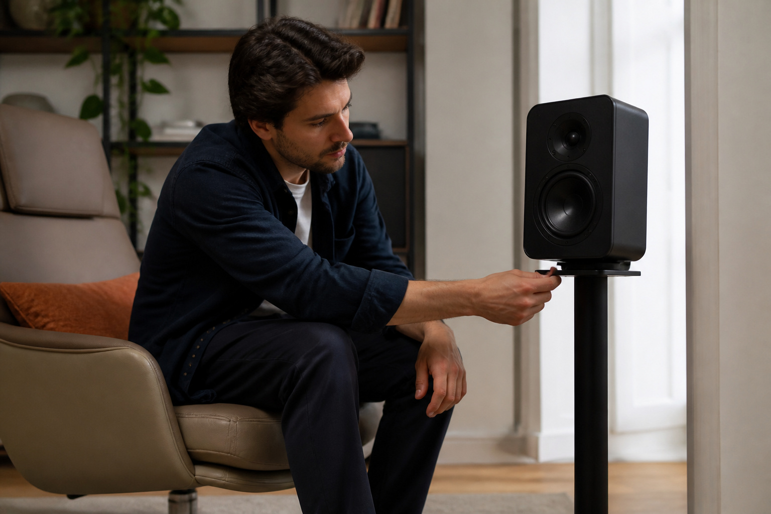 Person fine-tuning speaker position by ear